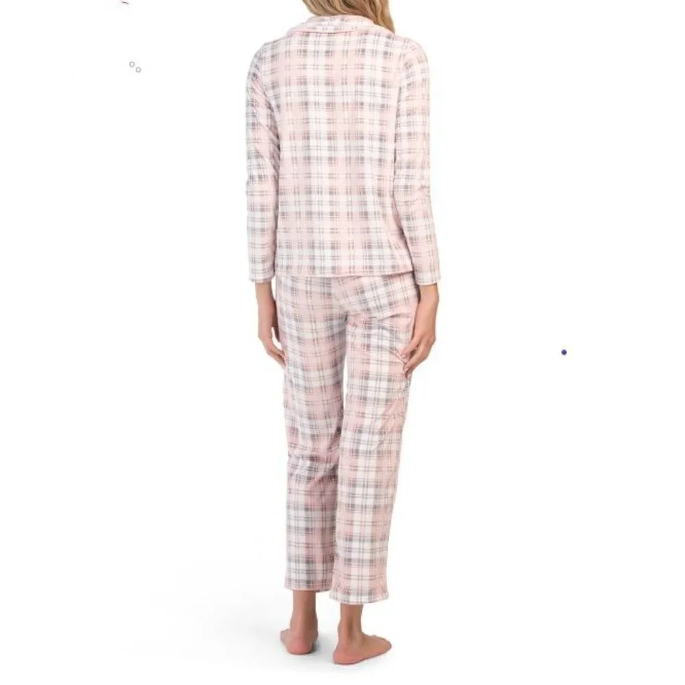 TAHARI Packaged Velour Plaid Notch Neck Lounge Set Pink Multi | L